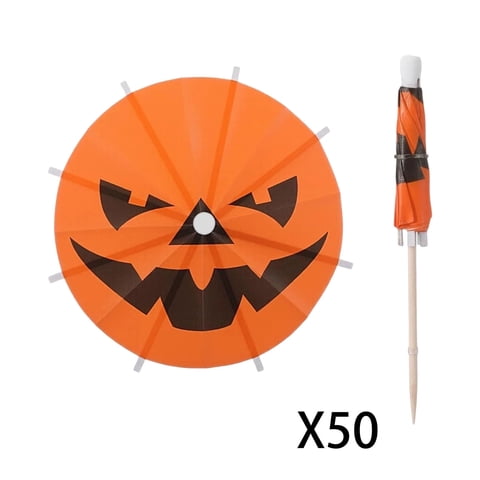 Halloween Pumpkin Umbrella Picks 50 Pack, Pumpkin Shaped Drink Toppers with Spooky Faces, Tiki Drink Garnish for Summerween Parties, Cupcake Decor, and Tropical Beverage Accents, Orange