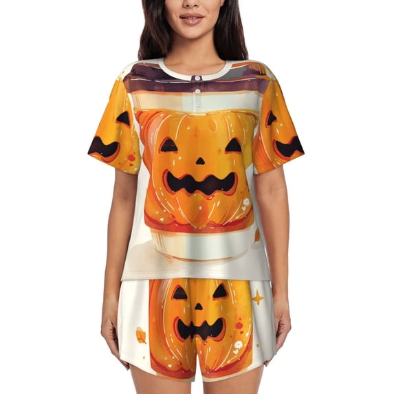Halloween Pumpkin Coffee Cup (3) Womens Pajamas Short Set Soft Short Sleeve Sleepwear Button Down Pjs Set with Pockets S XXL Xx Large