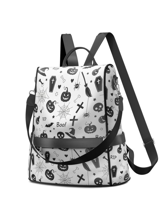 Halloween Pumpkin Coffin White Pattern Fashion Backpack, Convertible Shoulder Bag with Side Bottle Pockets & Convertible Strap, Large Capacity Gifts for Work Travel Shopping