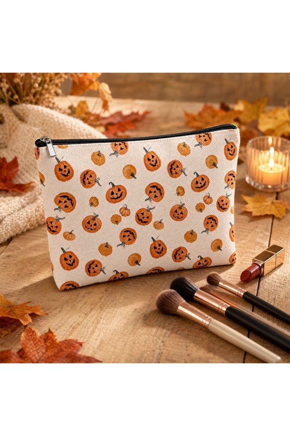 Halloween Pumpkin Cosmetic Bag, Makeup Pouch with Zipper, 2-in-1 Pencil Case Travel Pouch, Cute Halloween Zipper Bag for Halloween Party Makeup, Stationery and Travel
