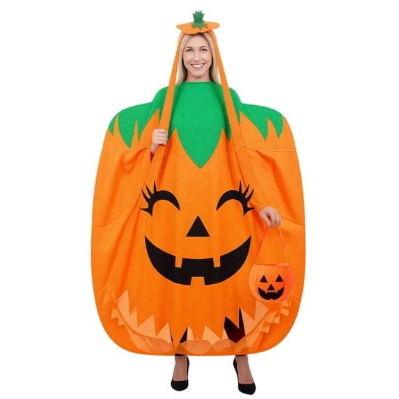 Halloween Pumpkin Costume Poncho Cape Set with Headband & Bag for Women Halloween Dress Up, 3-Piece
