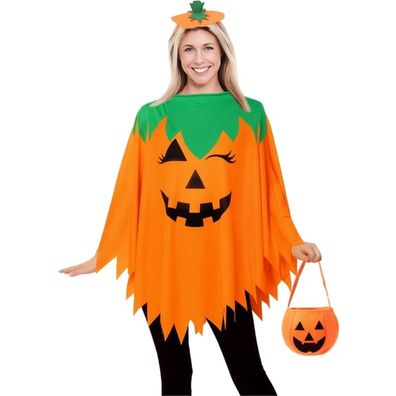 Halloween Pumpkin Costume Poncho Cape Set with Headband & Bag for Women Halloween Dress Up, 3-Piece