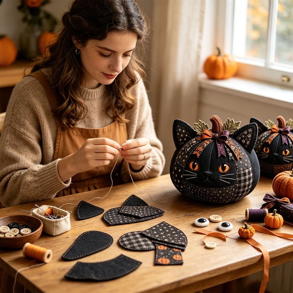 Halloween Pumpkin Craft Kit, Fabric Animal Theme DIY Sewing Set, Handmade Pumpkin Project for Home Crafting, Mantel, Shelf, Gift Projects, Black Cat, 7.87 x 1.18 in, Multicolor, 1 Kit, Style C