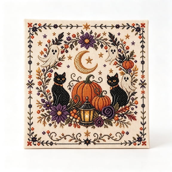 Halloween Pumpkin Cross Stitch Stamped Kit for Adults Beginner, Pre-Printed Embroidery Kit, DIY Needlepoint Patterns for Home Decor, Fall Ghost Pumpkin