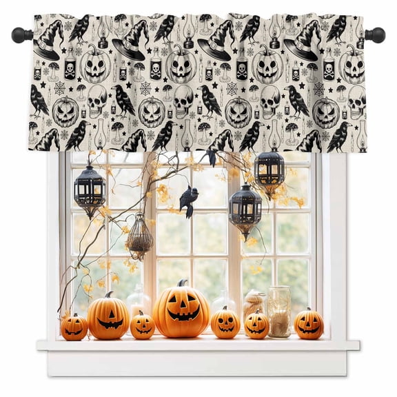 Halloween Pumpkin Crow Hat Curtain Valances for Kitchen Windows,Rod Pocket Short Valance Scary Skull Spiderweb Linen Small Window Treatment for Living Room Bathroom Bedroom,54" x 18"-1 Panel