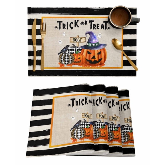 Halloween Pumpkin Crow Placemats Set of 1 Trick Or Treat Black Strips Heat Insulation Washable Place Mats, Rustic Non-Slip Table Mats for Dining Table Party Kitchen Decor,13x19 Inch