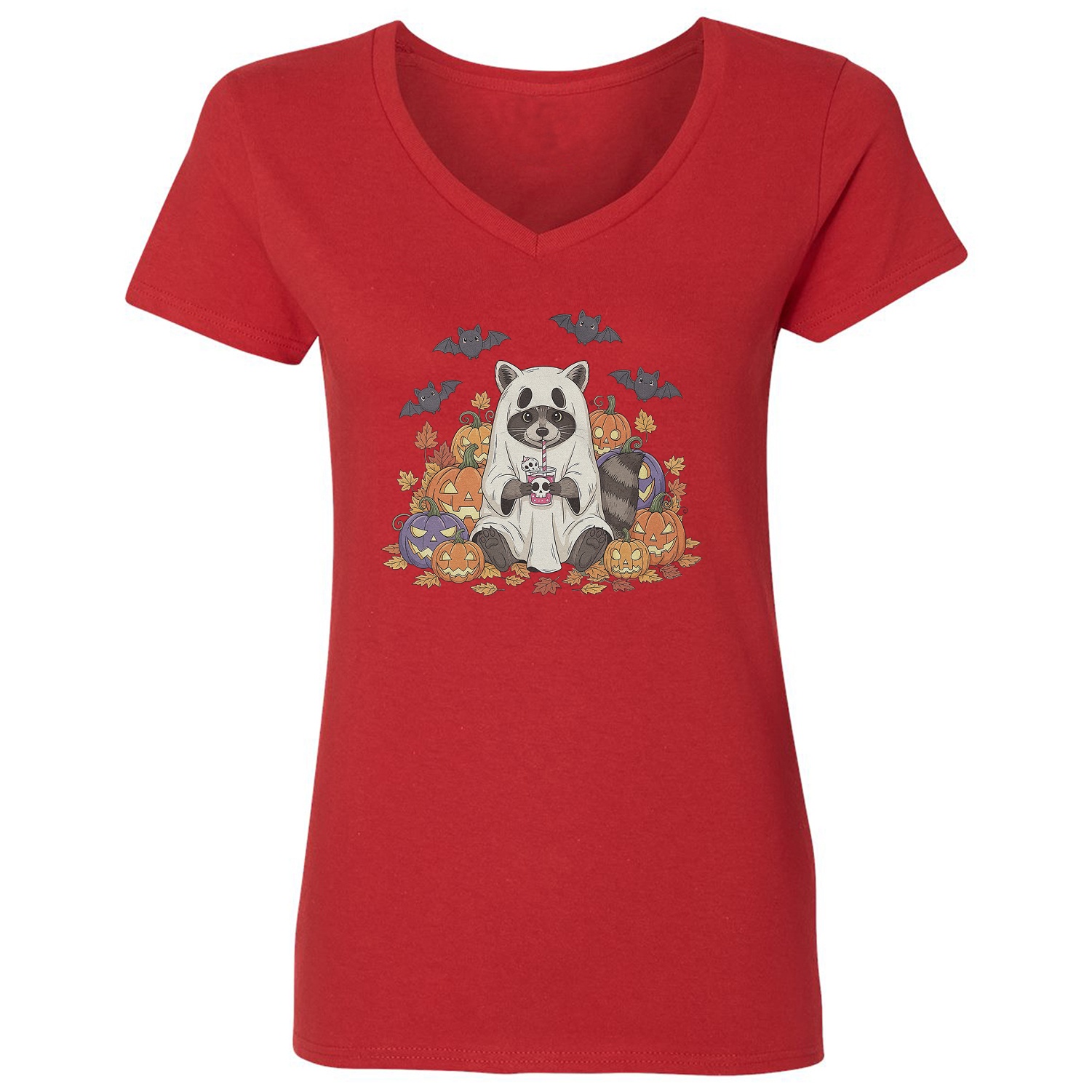 Halloween Pumpkin - Cute Raccoon in Ghost Costume Ladies' V-Neck Tshirt ...