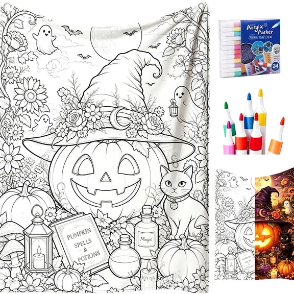 Halloween Pumpkin DIY Coloring Blanket with 24 Color Markers Included, Adult DIY Art Painting Throw Blanket, Handmade Craft Kit for Stress Relief and Relaxation