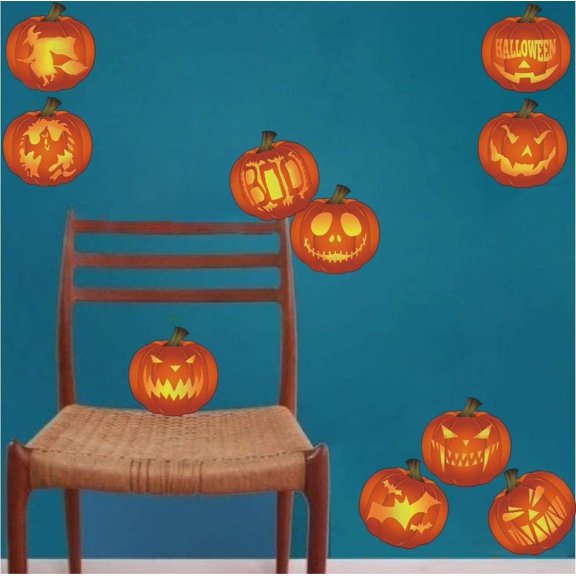 Halloween Pumpkin Decal Set of 10, Creative Pumpkin Face Stickers for Home Decor, Halloween Party Theme Kitchen Wall Art Murals, Thanksgiving Party Decoration,Orange