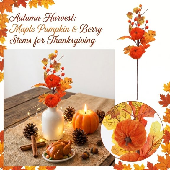 Halloween Pumpkin Decor 18 Inch Artificial Maple Leaf Pumpkin Branch Pick Fall Decor for Home Porch Autumn and Thanksgiving Table Arrangement Single Piece