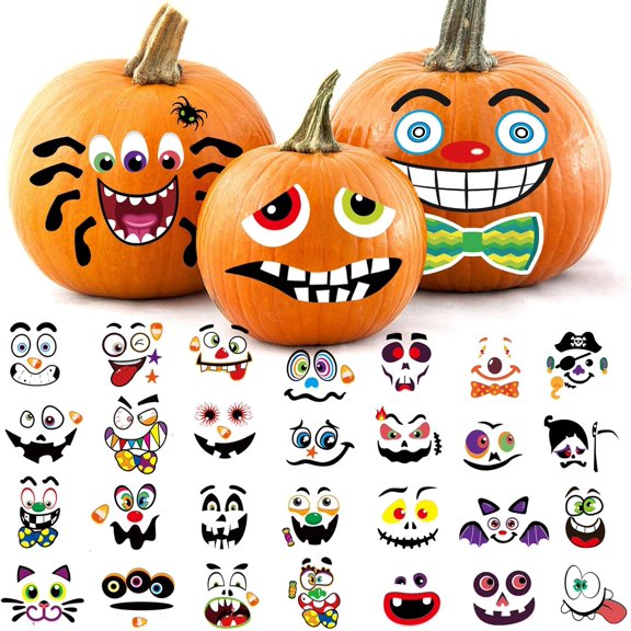 Halloween Pumpkin Decorating Stickers - 16 Sheets with 32 Fun Faces for Small Pumpkins, Perfect for Halloween Crafts, Party Favors, Trick-or-Treat, and Activities