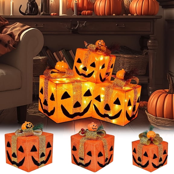 Halloween Pumpkin Decoration Gift Box , 3 Pack Pumpkin Light Up Gift Storage Box Case , Pumpkin Gift Boxes for Halloween Party Decoration Party (Orange)