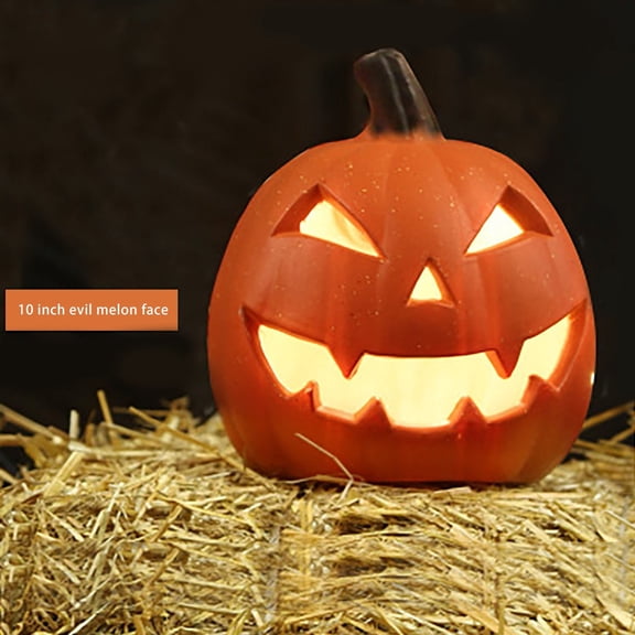 Halloween Pumpkin Decoration – Hollow Resin/PP Pumpkin with Happy Face, LED or Candle Compatible, Weather-Resistant, Stable Base, Indoor Outdoor Fall Harvests Decor for Porch Mantel Tabletop, 1PC