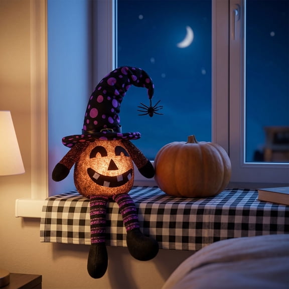 Halloween Pumpkin Decoration Light LED Pumpkin Decor with Witch Hat and Dangling Legs for Dining Table Shelf Mantel Kitchen and Fall Party Display (Orange）