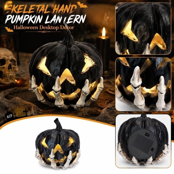 Halloween Pumpkin Decorations, Light Up Jack O Lantern Decor with Skeleton Hand Base, Spooky Glowing Hollow Design, for Home Office Table Desktop Display, Gothic Halloween Decor