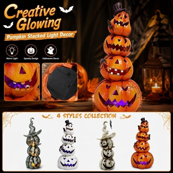 Halloween Pumpkin Decorations, Light Up Stacked Jack-O-Lantern Figurine with Spooky Led Glow, Halloween Decorations Outdoor for Front Yard Lawn Display, Fun Spooky Holiday Gift