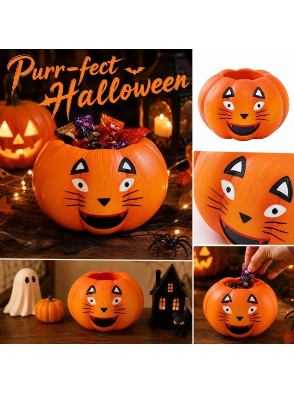 Halloween Pumpkin Decorative Bowl with Cute Cat Design, Resin Storage Figurine for Fall Table Centerpiece, Festive Home Decor for Halloween Party Favors