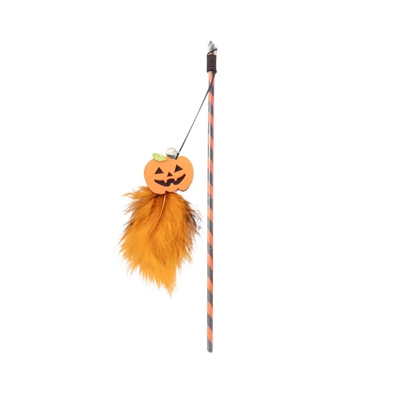 Halloween Pumpkin Decortion Halloween Decor Cat Toys Plastic Cat Teaser with Feather, Halloween Decorative Kitten Toy with Fall Halloween Pumpkin Ornament, for Pet Cat Indoor, B