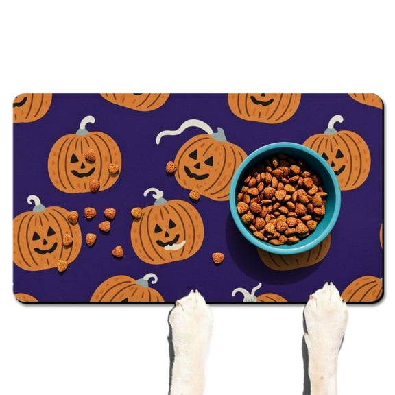 Halloween Pumpkin Dog Mat for Food and Water Absobing Durable 17x30 Inch Dog Bowl Mat Evil Pumpkin Ghost Cat Feeding Mat EcoFriendly Durable Pet Placemat