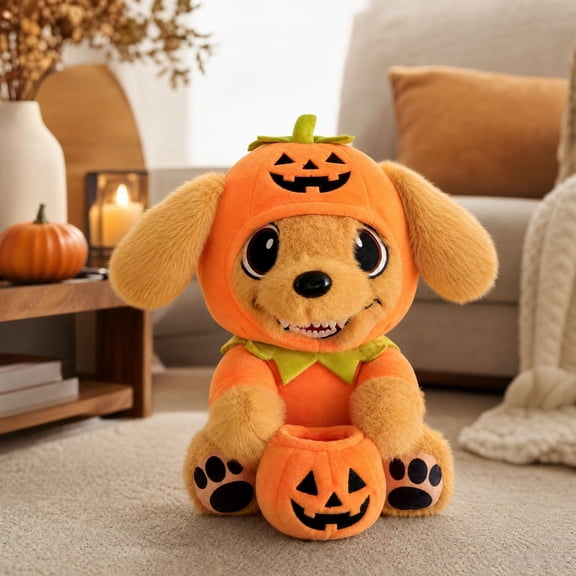 Halloween Pumpkin Dog Plush Decor, Soft Cotton Stuffed Puppy Figurine with Pumpkin Storage Bucket, Seasonal Fall Home Tabletop Ornament for Halloween Party Decoration