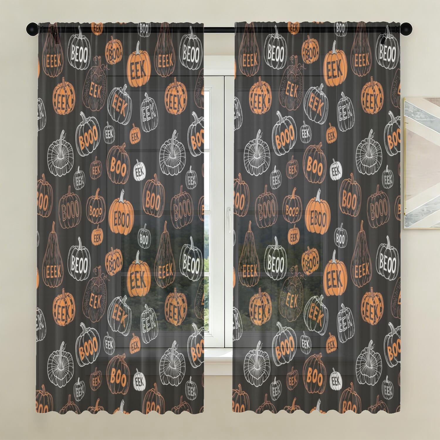 Halloween Pumpkin Doodle Pattern Sheer Curtains, Voile Drapes with Dual ...