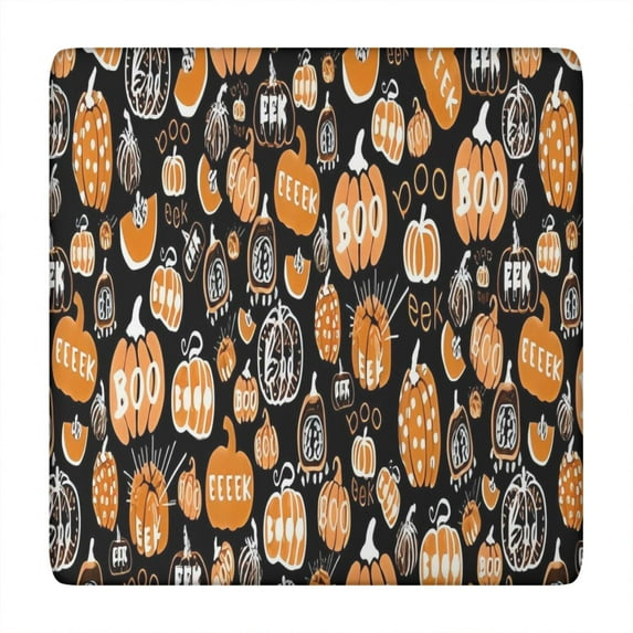 Halloween Pumpkin Doodle Pattern Square Fitted Tablecloth with Elastic Edge,Square Table Cover,Washable Elastic Table Cover for Home Kitchen Party Decor 34"x34"
