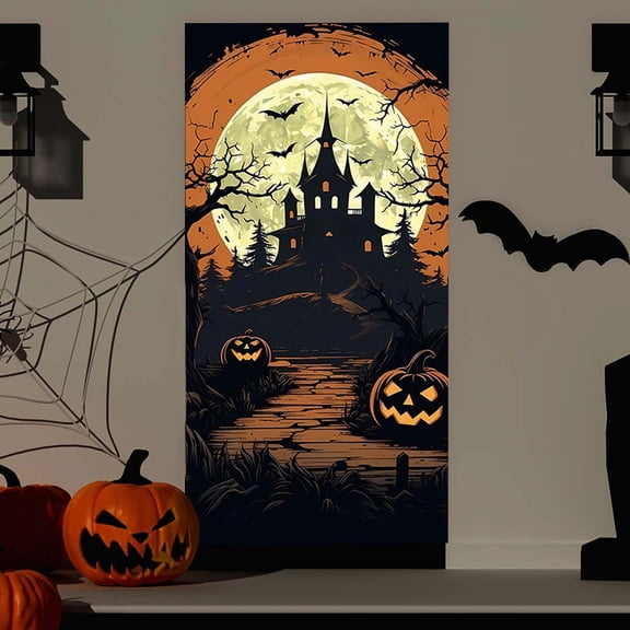 Halloween Pumpkin Door Cover Decorations Indoor, Home Decor Skeleton Ghost Castle Spider Hanging Curtain Decor Party Supplies Favors for Window Wall Cover Halloween Door Cover Decor 70.8x35.4''