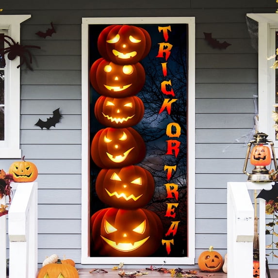 Halloween Pumpkin Door Cover, Halloween Decorations, Jack O' Lantern Trick Or Treat Door Decor QNN572D - 30" x 80"