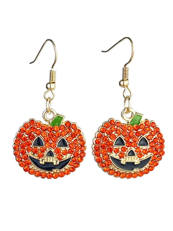 Halloween Pumpkin Earrings With Rhinestone Details And Jack O Lantern Face Dangle Drop Design For Party(Orange-5.9cm)