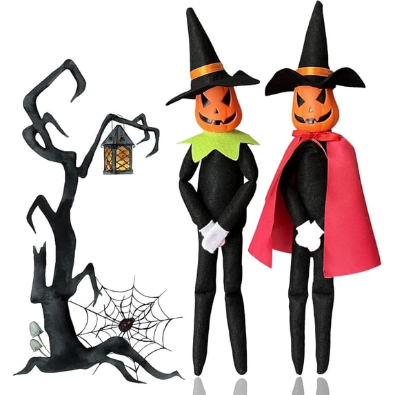 Halloween Pumpkin Elf Doll,14Inch Handmade Stuffed Pumpkin Elf Toys with Black Hat,White Gloves,Dresses,and Cape for Halloween and Autumn Harvest Holiday Tabletop Home Decorations