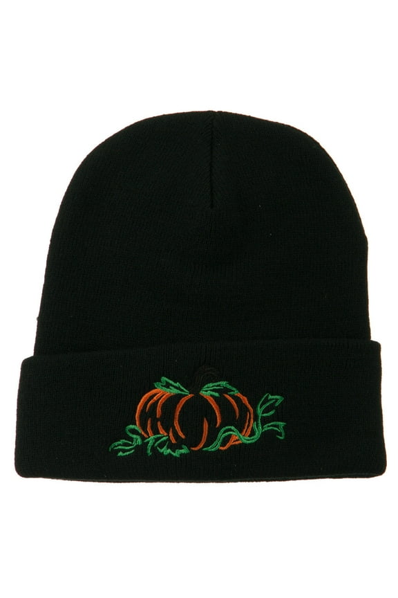 Halloween Pumpkin Embroidered Long Beanie - Black OSFM
