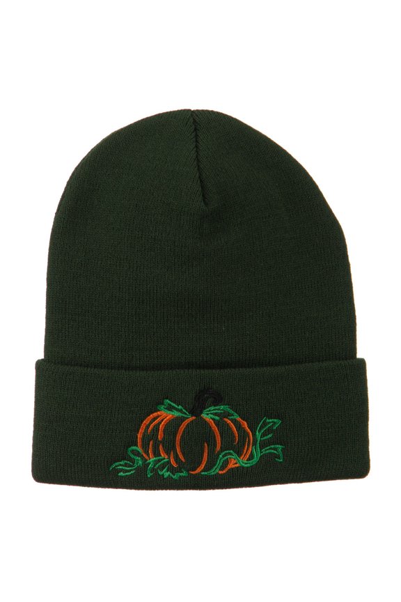 Halloween Pumpkin Embroidered Long Beanie - Olive OSFM