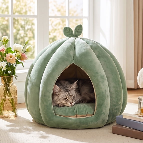 Halloween Pumpkin Enclosed Pet Cave Bed, Warm Cozy Sleeping Hut Nest for Small Medium Cats Dogs, Soft Thanksgiving Themed Indoor Secure Rest Space