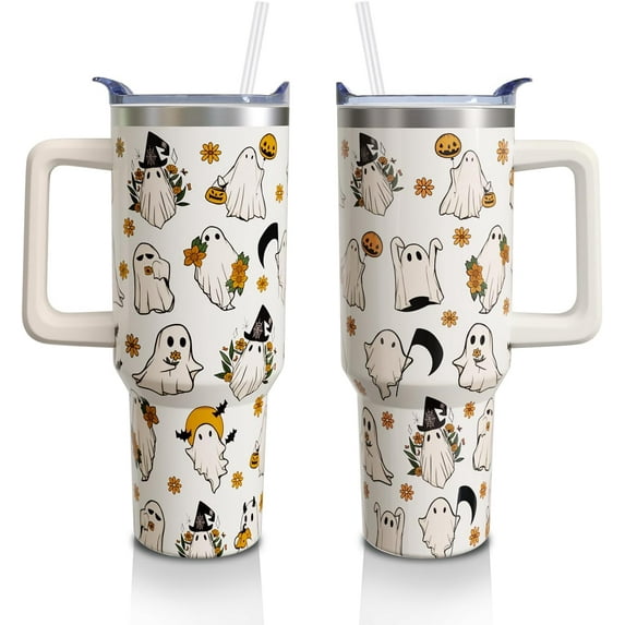 Halloween Pumpkin Face 40 Oz Tumbler With Handle and Straw, Stainless Steel Double Walled Vacuum Insulated Cup, Holiday Gifts for Women Men