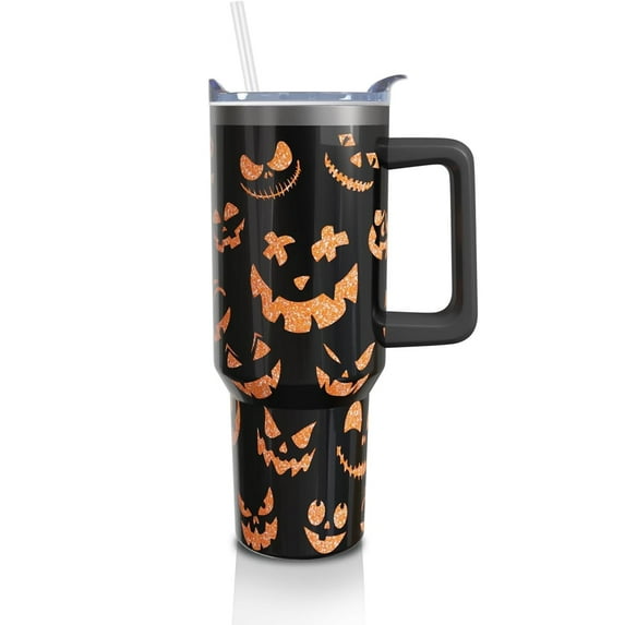 Halloween Pumpkin Face 40 Oz Tumbler With Handle and Straw, Stainless Steel Double Walled Vacuum Insulated Cup, Holiday Gifts for Women Men