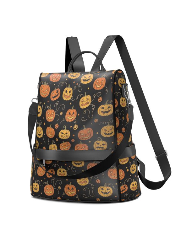 Halloween Pumpkin Face Dot Pattern Fashion Backpack, Work Travel Rucksack with Side Bottle Pockets & Convertible Strap, Water Repellent Polyester Gifts for Women Casual Use