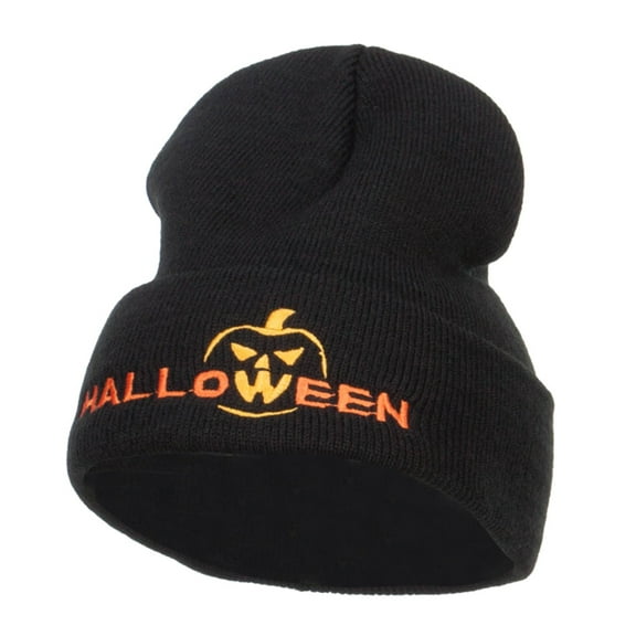Halloween Pumpkin Face Embroidered Long Beanie - Black OSFM