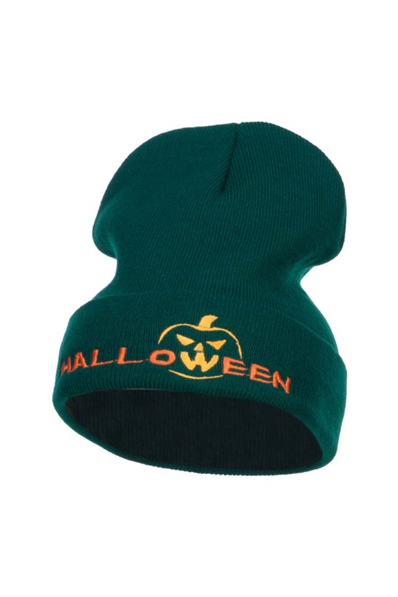 Halloween Pumpkin Face Embroidered Long Beanie - Dk Green OSFM