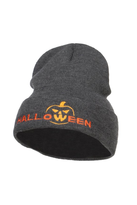 Halloween Pumpkin Face Embroidered Long Beanie - Dk Grey OSFM