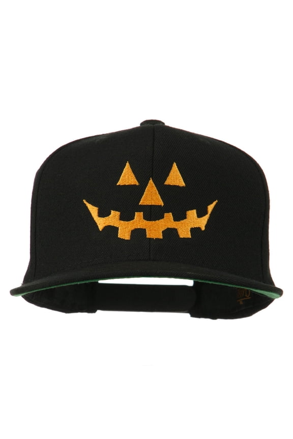 Halloween Pumpkin Face Embroidered Snapback Cap - Black OSFM