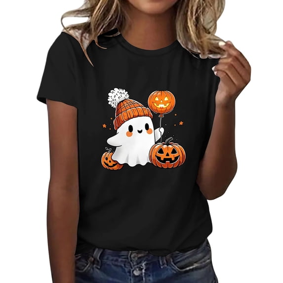 Halloween Pumpkin Face Graphic T-Shirt Womens Short Sleeve Round Neck Casual Comfy Tops Tees Shirt Fall Pumpkin Shirts Womens Casual Autumn Thanksgiving Graphic Tees Party, Black S