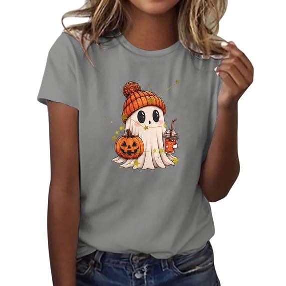Halloween Pumpkin Face Graphic T-Shirt Womens Short Sleeve Round Neck Casual Soft Tops Tees Shirt Fall Pumpkin Shirts Womens Casual Autumn Thanksgiving Graphic Tees Party, Gray XL