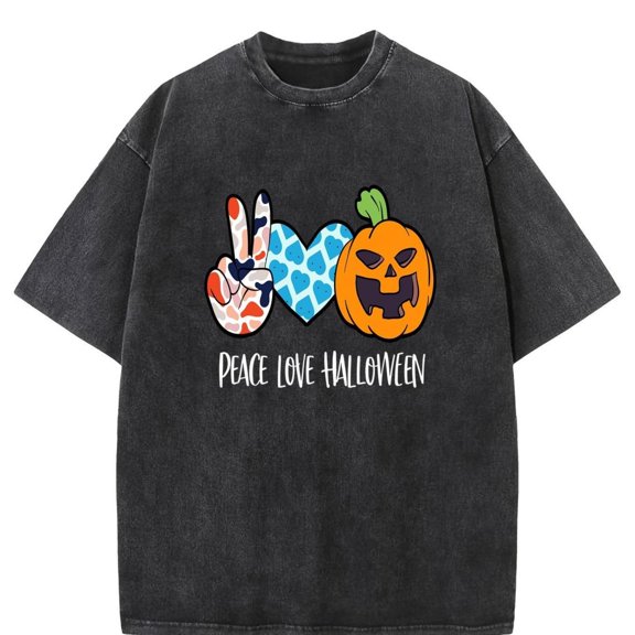 Halloween Pumpkin Face Graphic Tee Peace Love Design Soft Cotton Casual T-Shirt Black S-2XL Plus size