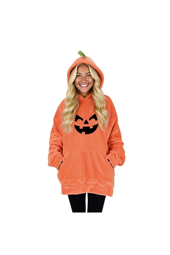 Halloween Pumpkin Face Hoodie for Women Dressy Unisex Flannel Hooded Pullover with Matching Pumpkin Pillow Casual Deep Pockets Sweaters Oversized Cozy Loungewear Home Fall Winter Outfits Sweatshirt