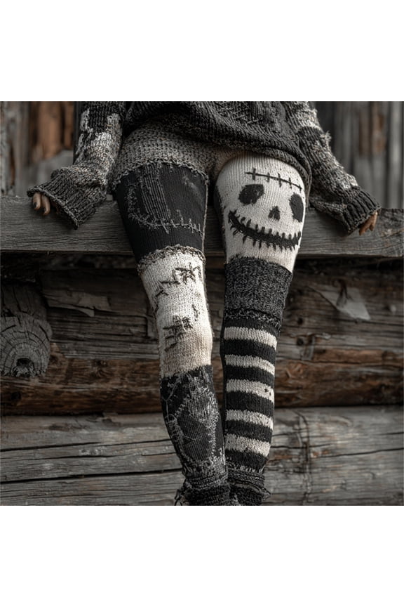 Halloween Pumpkin Face Stitched Face Contrast Patchwork Cozy Knit Leggings Women's Skinny Pants
