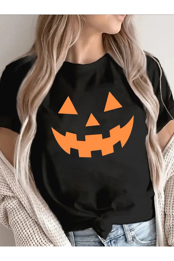 Halloween Pumpkin Face T-Shirt: Orange Smile Print, Black Short Sleeve, Lightweight Polyester, Round Neck for Costumes & Casual Wear