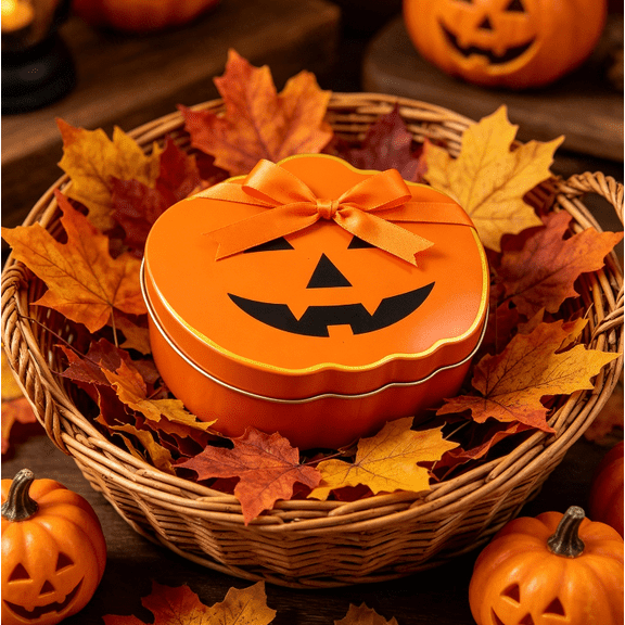 Halloween Pumpkin Face Tin Box for Candy Storage,Festival Decoration Supplies Multi Purpose Candy Box for Treats, Sturdy Metal Container for Party Mantel Entryway