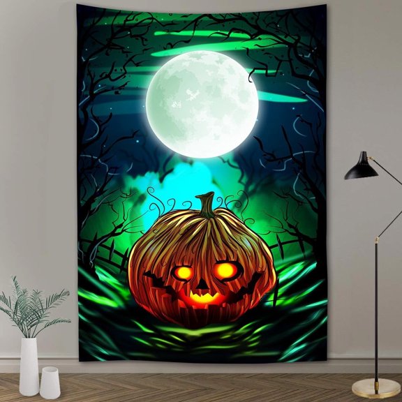 Halloween Pumpkin Face Wall Tapestry Abstract Green Light Design 40x60 Inch for Apartment Bedroom Aesthetic Home Decoration