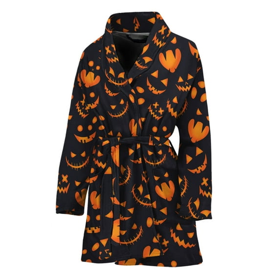 Halloween Pumpkin Faces Pattern Women Bathrobe One Size Univeral Fits, Halloween Decorative Fashion Lightweight Plush Fleece Long Robe For Women