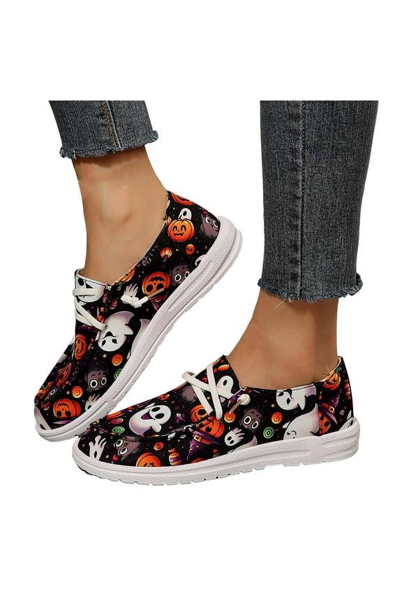 Halloween Pumpkin Fashion Sneakers for Women Wide Feet Skeleton Lace up Penny Loafers Casual Canvas Walking Flat Shoes